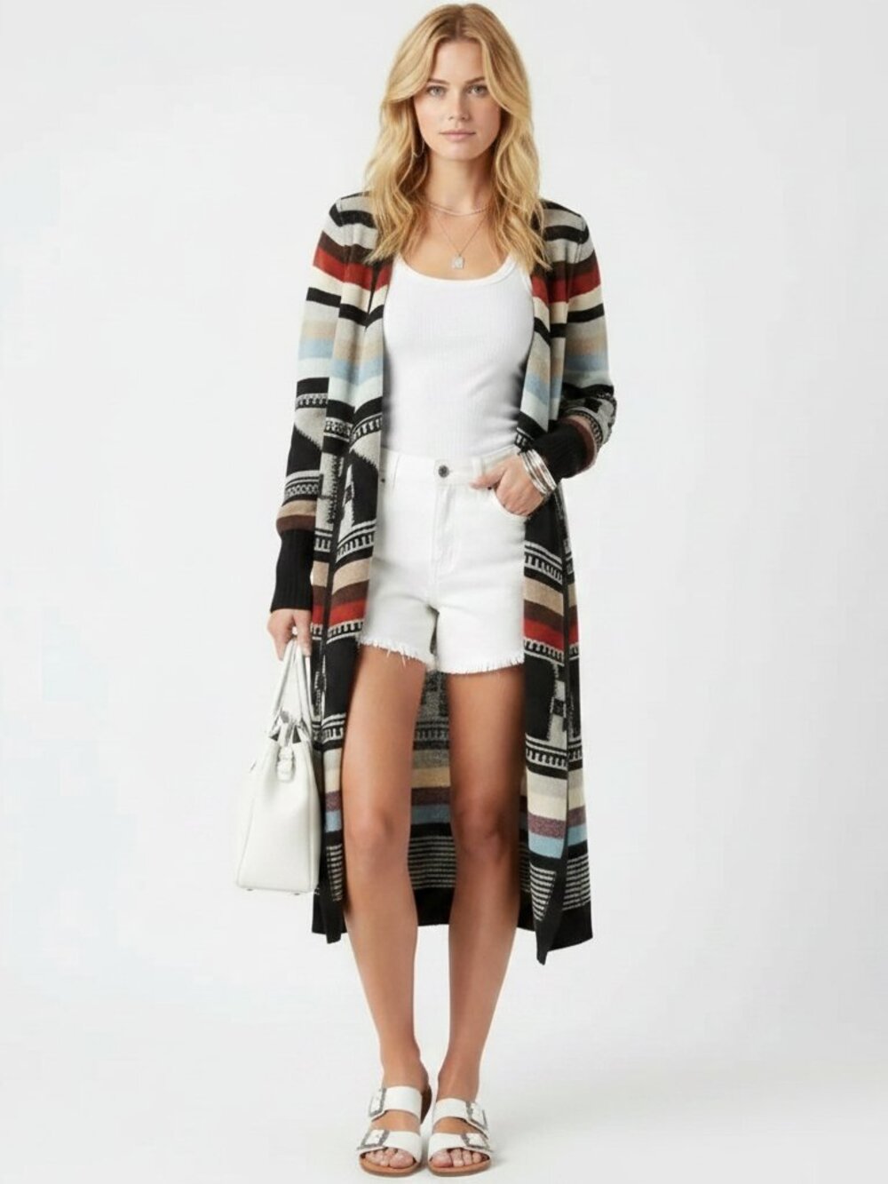 Free People Multi Color Aztec Tribal Print Knit Open Front Duster Sweater M - Picture 8 of 8